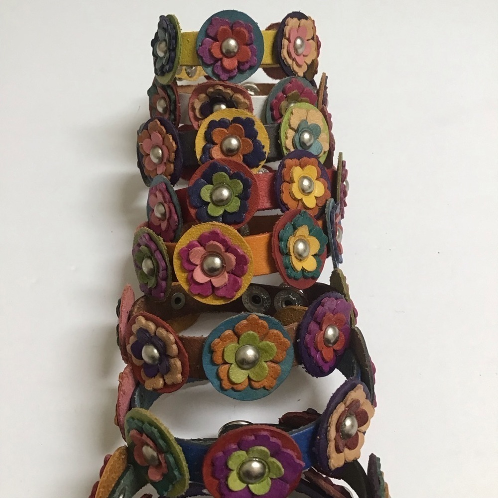 Daisy Flower Leather Bracelet Handmade Mexico Boho Colorful 2-Snap Festival NEW